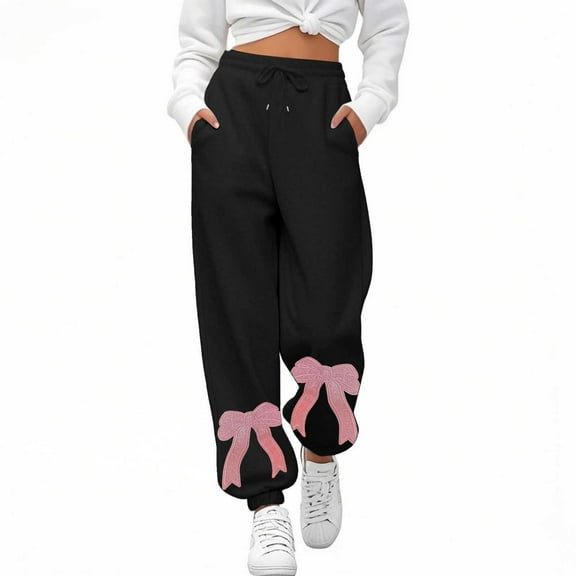 shoper Womens Bow Sweatpants Elastic High Waist Wide Leg Bow Pants Baggy Straight Leg Graphic Lounge Pants Black Sweatpants Embroidered Red Bow Sweat Pants Casual Athletic Joggers with Pockets
