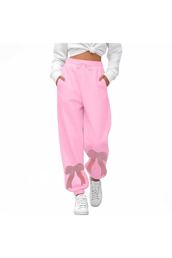 Womens Bow Sweatpants Elastic High Waist Wide Leg Bow Pants Baggy Straight Leg Graphic Lounge Pants Black Sweatpants Embroidered Red Bow Sweat Pants Casual Athletic Joggers with Pockets