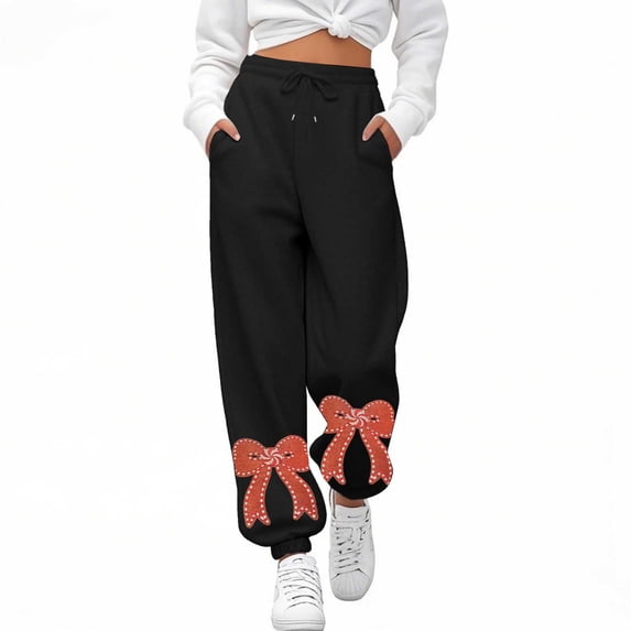 shoper Womens Bow Sweatpants Elastic High Waist Wide Leg Bow Pants Baggy Straight Leg Graphic Lounge Pants Black Sweatpants Embroidered Red Bow Sweat Pants Casual Athletic Joggers with Pockets