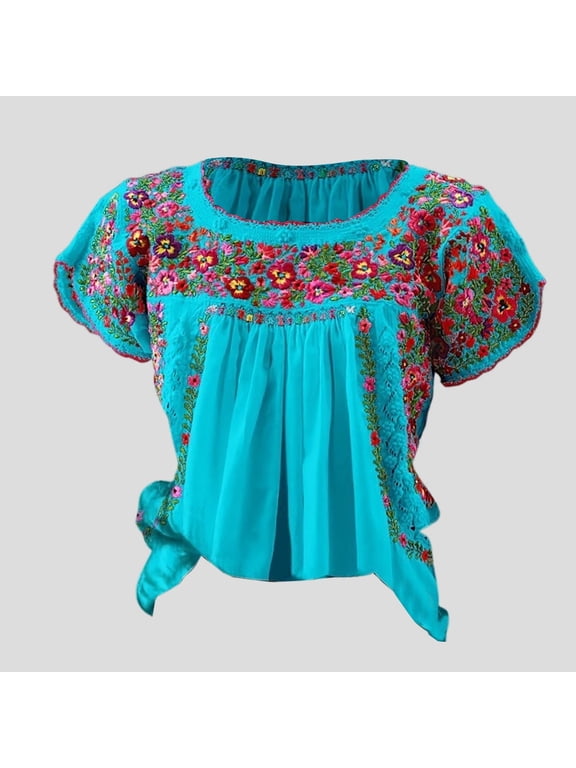 Womens Floral Print Shirt Mexican Boho Short Sleeve Blouse Square Neck Puff Sleeve Pullover Tops for Summer Vacation Beach