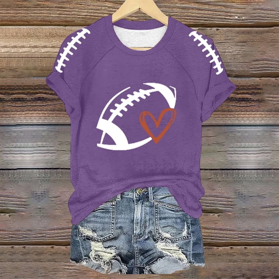 shoper Womens Game Day Shirt Football Heart Print Raglan Short Sleeve Tee Sporty Baseball Style Tops for Country Concert Casual Mom Wife Gift