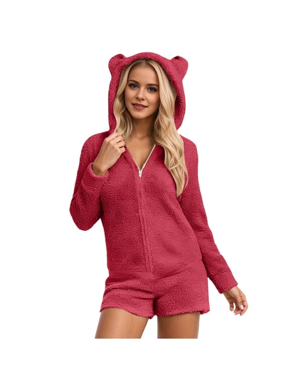 Womens Onesie Pajamas Sherpa Plush Shorts Jumpsuit Womens Hooded Fuzzy Romper Zipper Bear Sleepwear Playsuit Plus Size Rompers