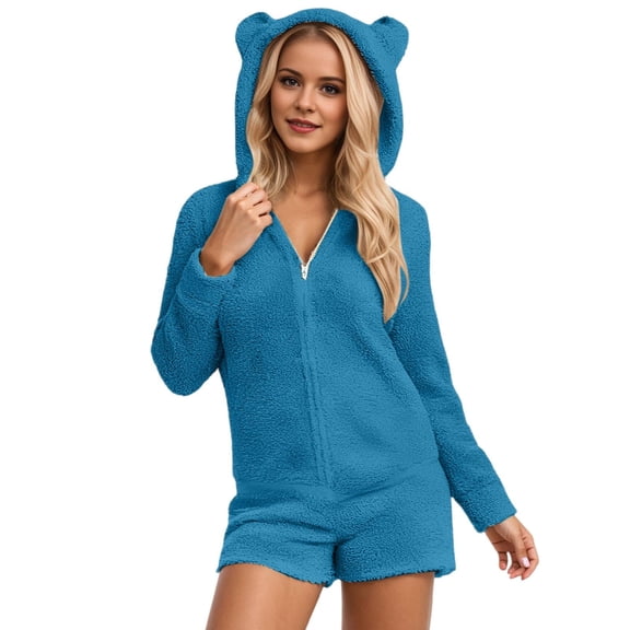 shoper Womens Onesie Pajamas Sherpa Plush Shorts Jumpsuit Womens Hooded Fuzzy Romper Zipper Bear Sleepwear Playsuit Plus Size Rompers