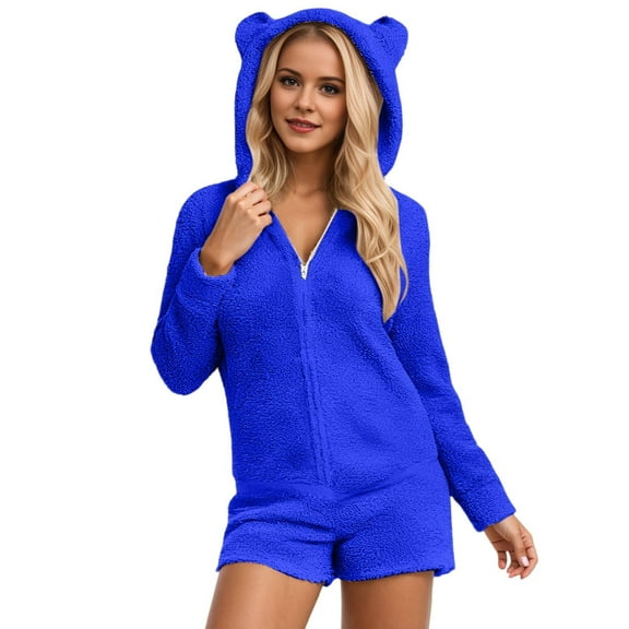 shoper Womens Onesie Pajamas Sherpa Plush Shorts Jumpsuit Womens Hooded Fuzzy Romper Zipper Bear Sleepwear Playsuit Plus Size Rompers