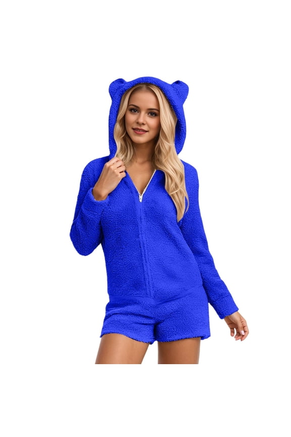 Womens Onesie Pajamas Sherpa Plush Shorts Jumpsuit Womens Hooded Fuzzy Romper Zipper Bear Sleepwear Playsuit Plus Size Rompers