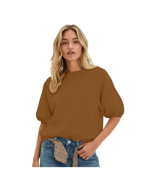 Womens Oversized Short Sleeve Sweatshirt Crewneck Puff Sleeve Tee Top, Casual, Basic, Loose Fit, Cute Spring Fall Tops, Cozy Trendy Fashion, Lightweight, Solid Pullover Sweatshirts