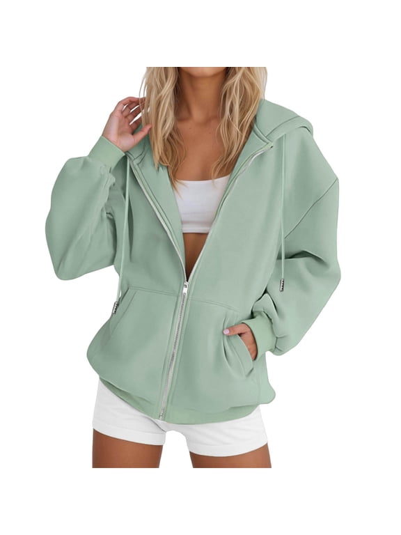 Womens Zip Up Hoodies Oversize Sweatshirt Y2K Lightweight Jacket | Zip Up Hoodie Women Long Sleeve Zipper Sweatshirt With Hooded Fall Jacket Lightweight Coat Winter Clothing (Light Green,S)
