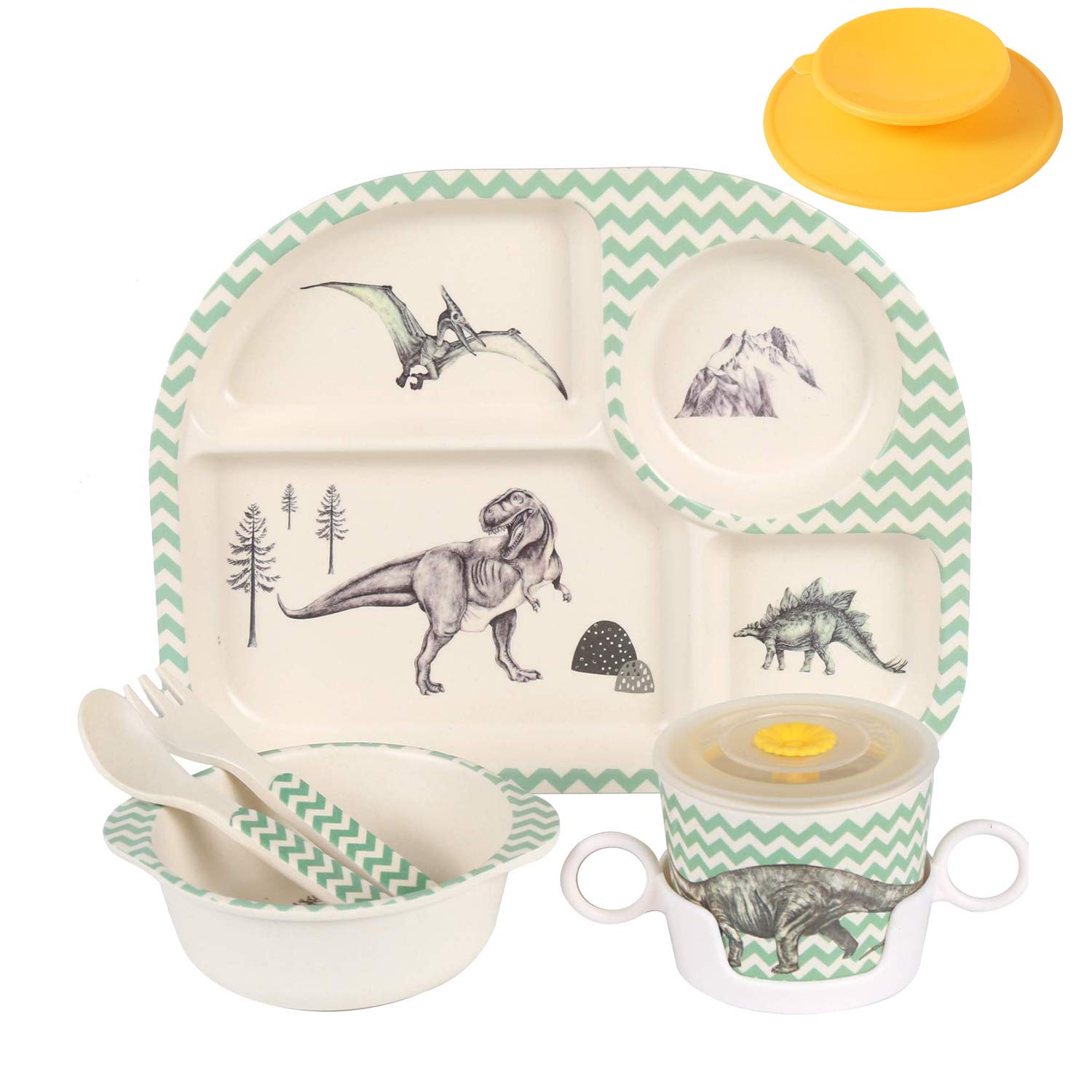 shopwithgreen 7Pcs Set Bamboo Kids Dinnerware Set Children Dishes Food Plate Bowl Cup Spoon Fork Set Dishware Cartoon Tableware Dishwasher Safe