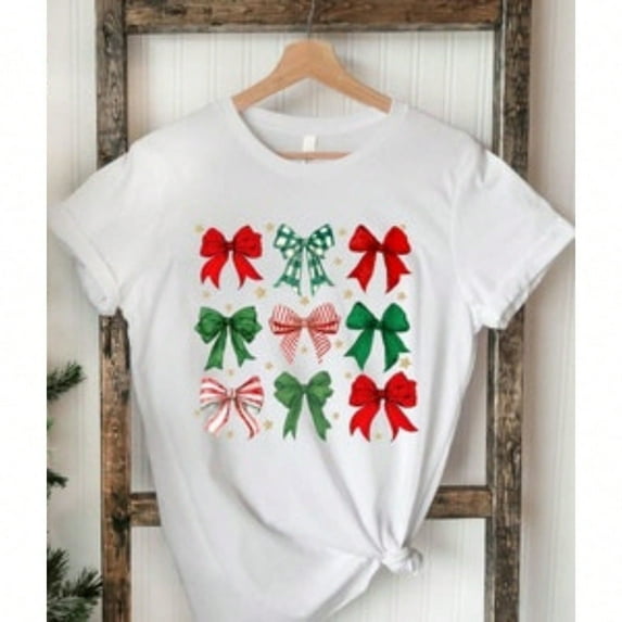 short sleeve casual tops for women, Red Green Bow Christmas Tee, Christmas Season T-Shirt, Girly Christmas Shirt, New Year Gifts, Gift For Christmas,women shirts casual summer,womens casual tshirt