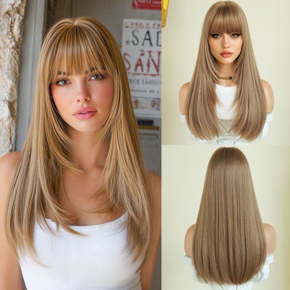 shoulder-length wig for women natural black layered wig natural full head set with bangs straight hair