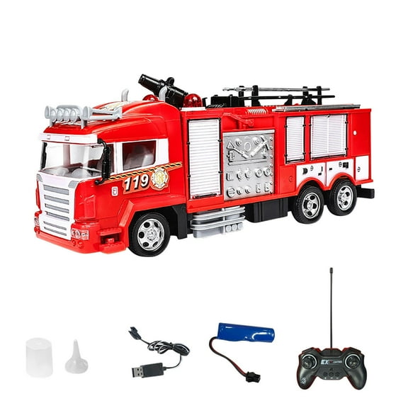 as show Rc Fire Truck Toy Remote Control Car For Kids With Rechargeable Battery 2Wd Firetruck With Led Lights Sounds Ladder And Rubber Tires Function Control Forward Backward Left Right