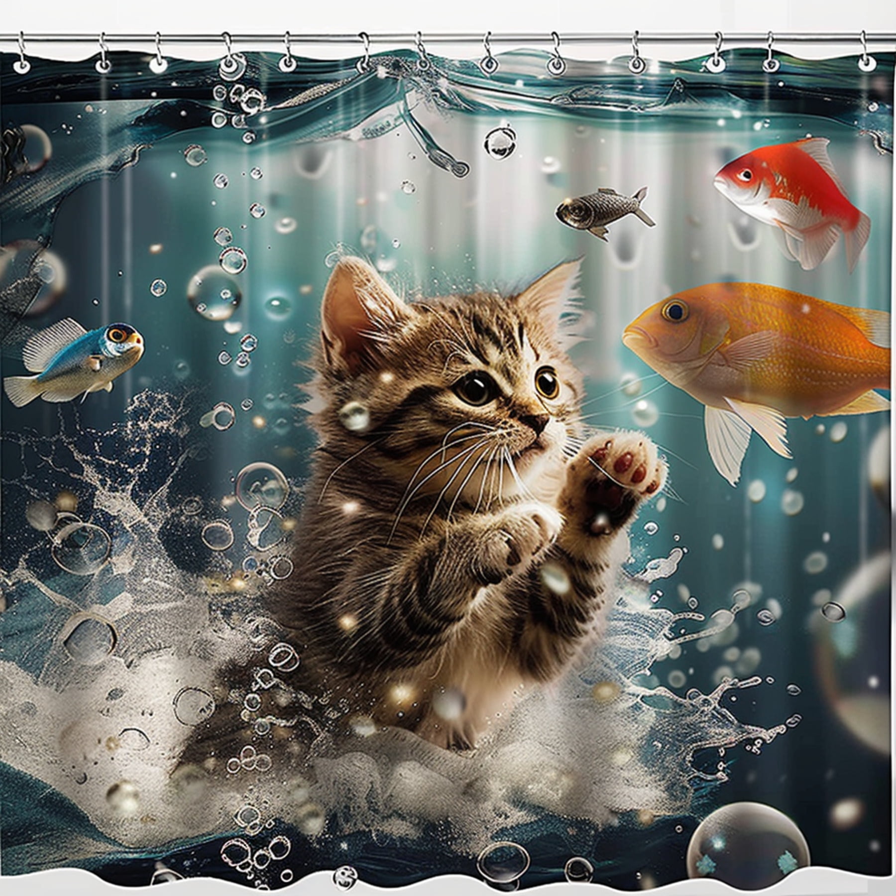 shower curtain with a photostyle background featuring a cat chasing