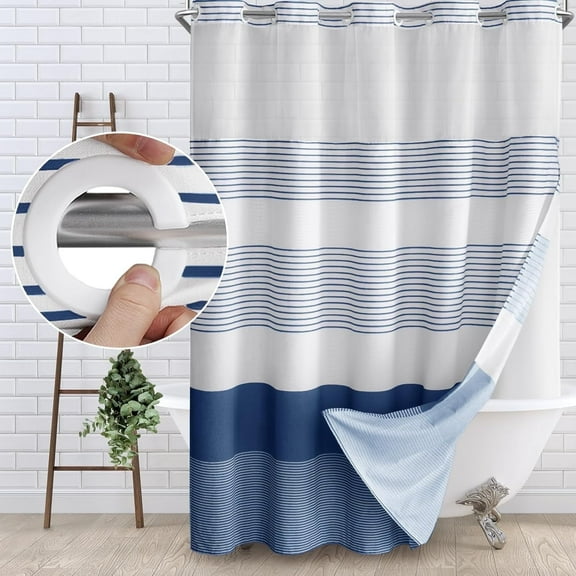 No Hook Shower Curtain with Snap in Liner Set Cotton and Linen Blend Shower Curtain for Bathroom Boho Farmhouse Navy Striped 75" L x 72" W