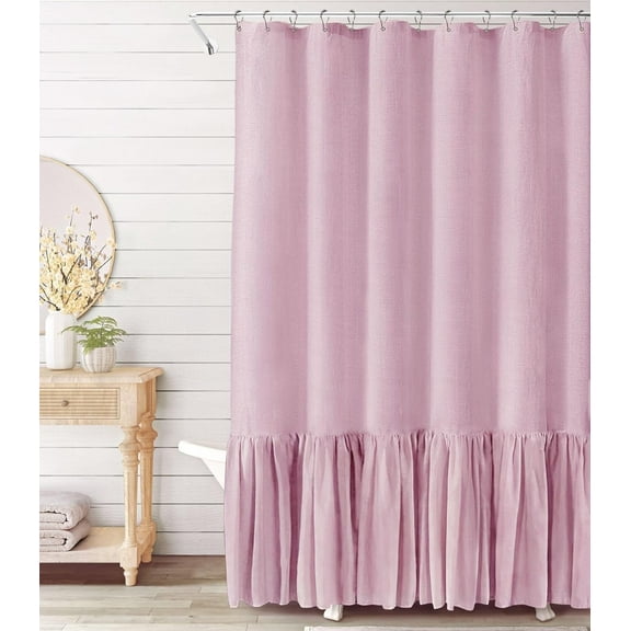 Psoiuetr Farmhouse Shower Curtain with A Ruffle Hem Pink Boho Linen Shower Curtain for Bathroom 72"x72"