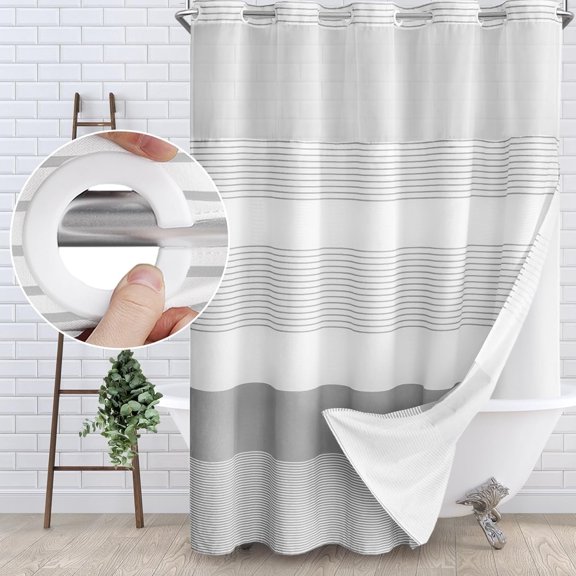No Hook Shower Curtain with Snap in Liner Set Cotton and Linen Blend Shower Curtain for Bathroom Boho Gray Striped 75" L x 72" W