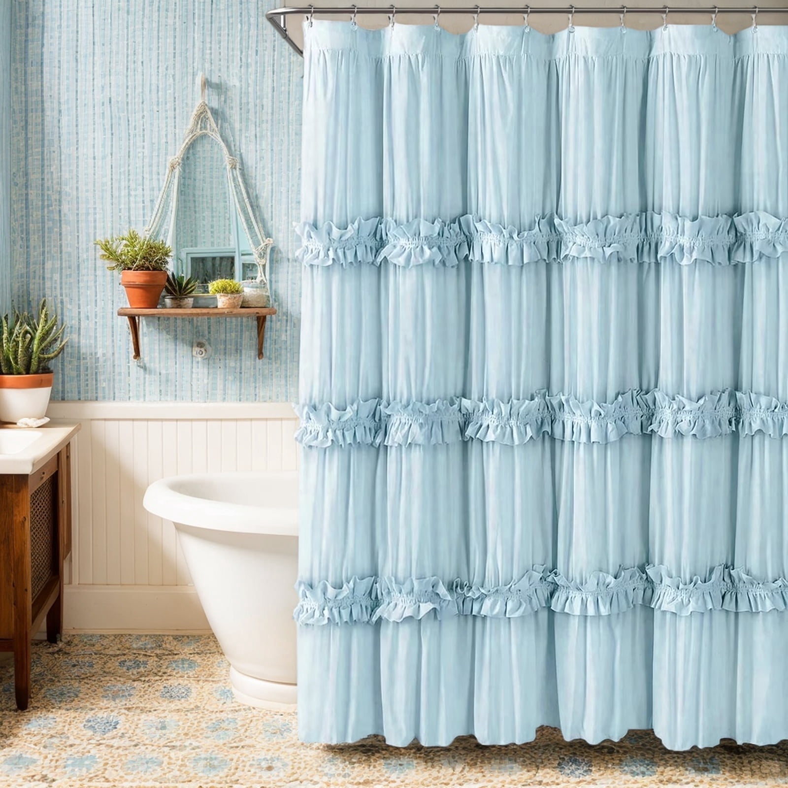 Psoiuetr Ruffle Vintage Shower Curtain Boho Farmhouse Shower Curtain for Bathroom Blue 72" L x 72" W