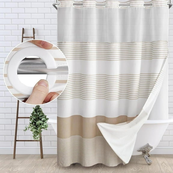 No Hook Shower Curtain with Snap in Liner Set Cotton and Linen Blend Shower Curtain for Bathroom Boho Farmhouse Beige Striped 75" L x 72" W