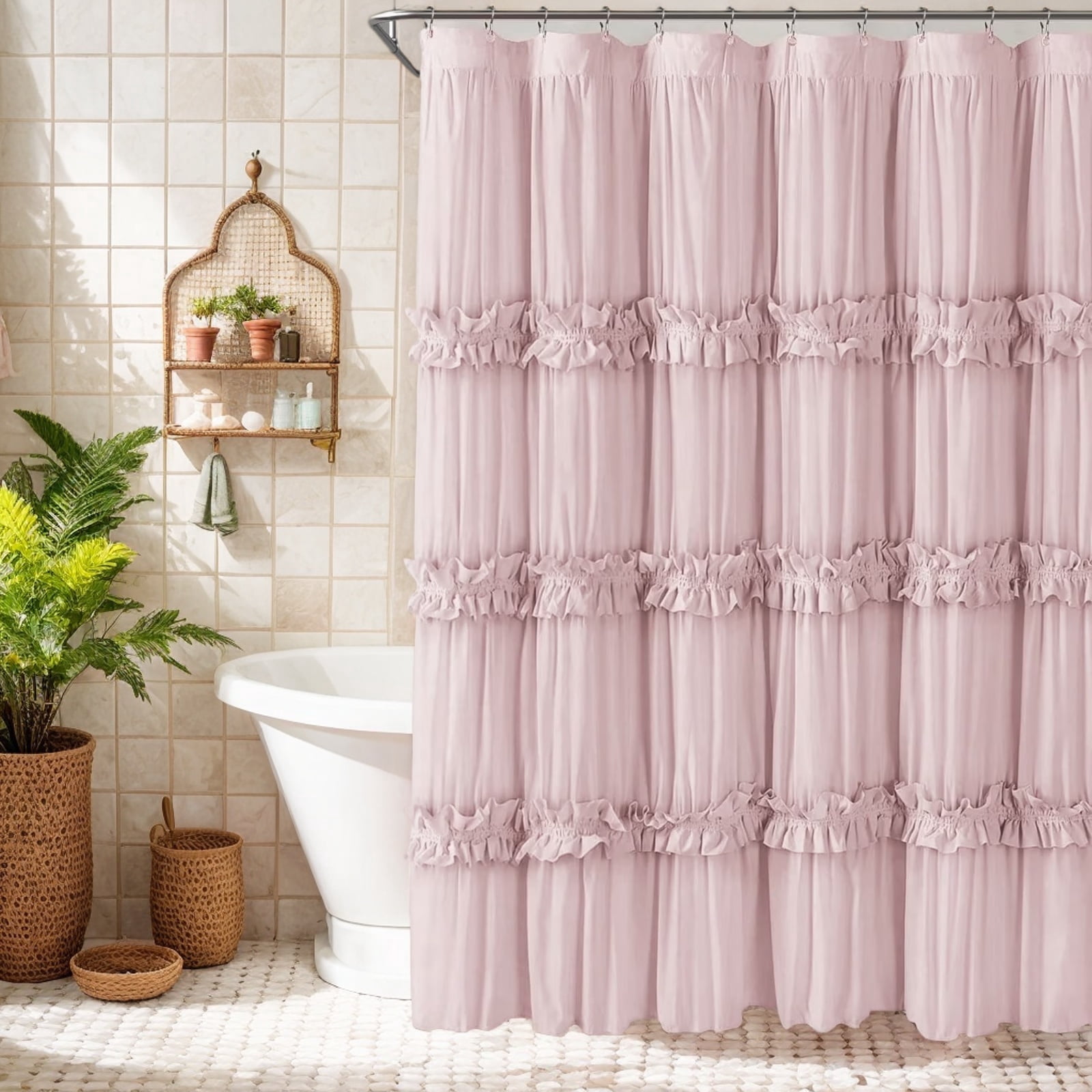 Psoiuetr Ruffle Vintage Shower Curtain Boho Farmhouse Shower Curtain for Bathroom Blush 72" L x 72" W
