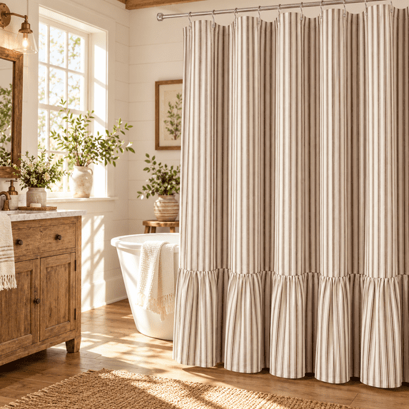 Brown Striped Farmhouse Shower Curtain with Ruffle Hem, 72 x 72 Inch Linen Textured Rustic Shower Curtain for Bathroom, Vintage Country Cottage Style, Brown and Cream