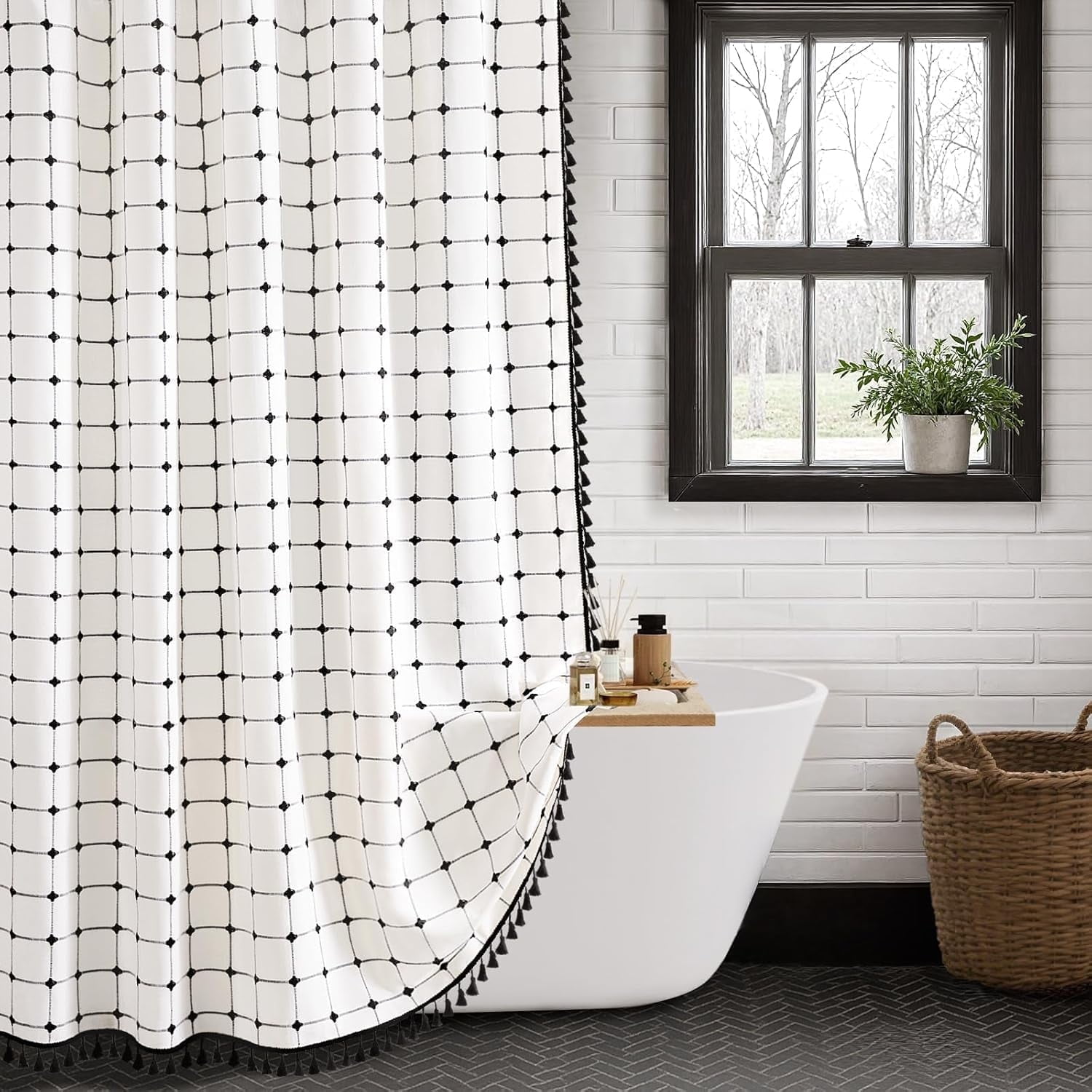 Black and White Farmhouse Shower Curtain Cotton Texture with Embroidered Plaid Pattern and Tassels for Bathroom,72" W×72" L
