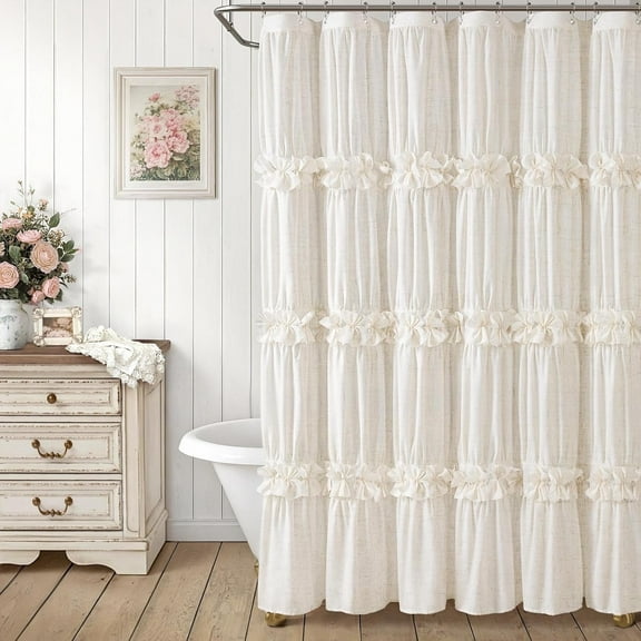 Psoiuetr Ruffle Shower Curtain with Vintage Cute Bow and Natural Linen Tuxtured Shower Curtain for Bathroom Boho Farmhouse Off White 72" W x 72"
