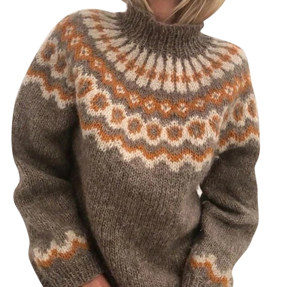 shpwfbe womens sweaters women loose high collar printing outwear splicing long sleeves sweater knitted tops
