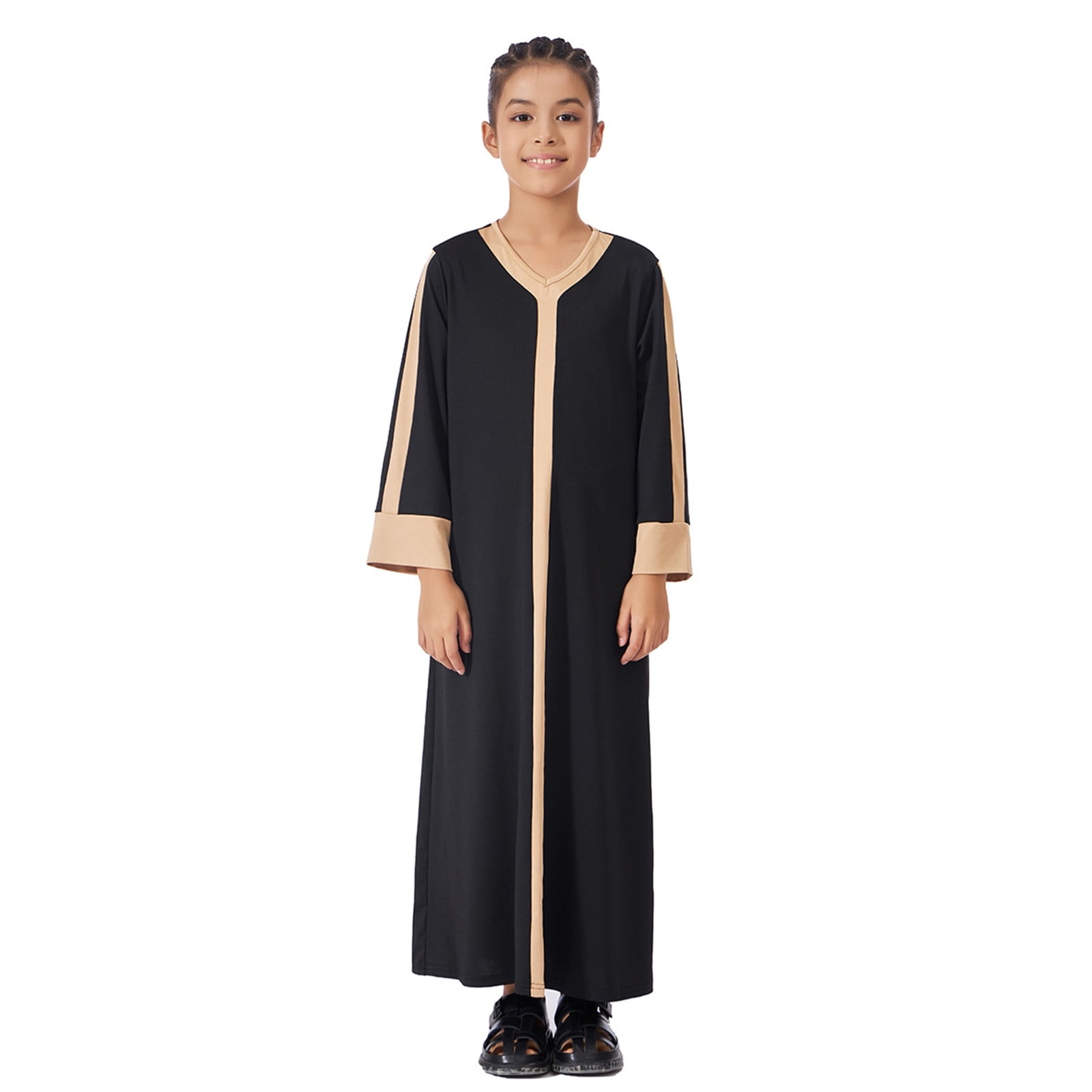 Ramadan Robe shqvo Arab Girls' Dress V-Neck Color-Block Long Dress Long Sleeves ...