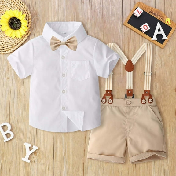 shqvo Baby Boy Outfits Suit Bowtie Button Dress Shirts Plain Suspender Overalls Pants Set Gentleman Wedding Clothes Formal Wear