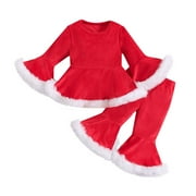 shqvo Baby Girls 2Pcs Christmas Outfits Long Sleeve Bell Sleeve Tops and Flare Pants Set Newborn Clothes