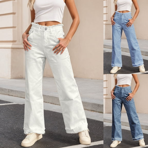 shqvo Baggy for Women Fringed Straight Jeg Jeans High Waist Wide Leg Jeans Trendy Casual Jeans Stretchy Solid Color Y2k Denim Pants with Pockets