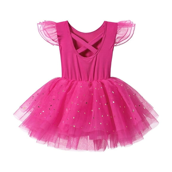 shqvo Ballet Leotards for Girls Toddler Kids Dance Dress Flutter Sleeve Back Bow Sequin Tutu Skirt One-piece Dancewear