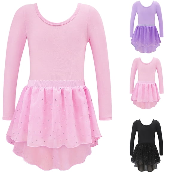 shqvo Ballet Leotards for Girls Toddler Kids Dance Dress Long Sleeve Back Bow Sequin Tutu Skirt One-piece Dancewear