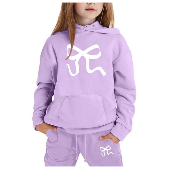 shqvo Big Girls 2 Piece Sport Outfit Bowknot Print Pullover Sport Sweatsuits Hoodie Sweatpants Outfits Hoodies Tracksuits for Toddlers Children Teens