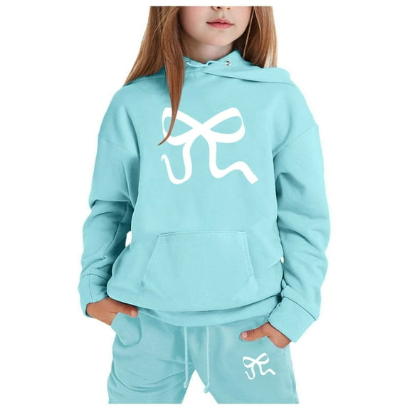 shqvo Big Girls 2 Piece Sport Outfit Bowknot Print Pullover Sport Sweatsuits Hoodie Sweatpants Outfits Hoodies Tracksuits for Toddlers Children Teens