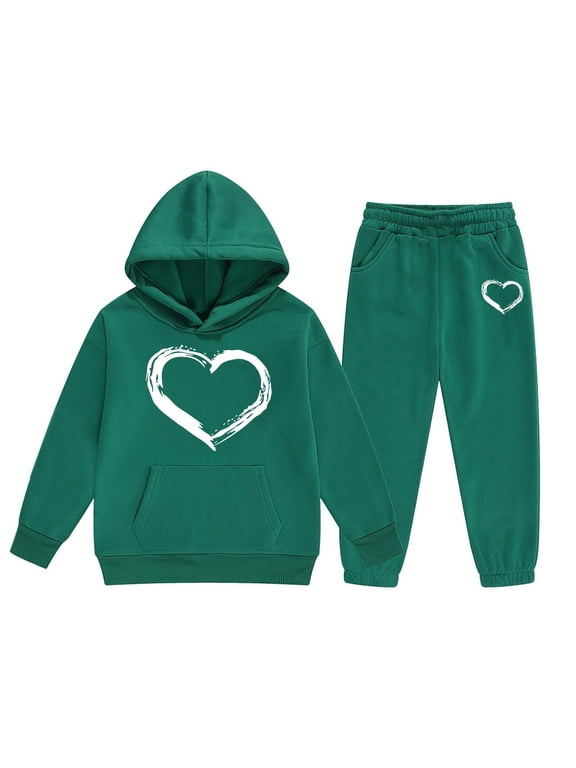 Big Girls 2 Piece Sport Outfit Love Heart Print Pullover Sport Sweatsuits Hoodie Sweatpants Outfits Hoodies Tracksuits for Toddlers Children