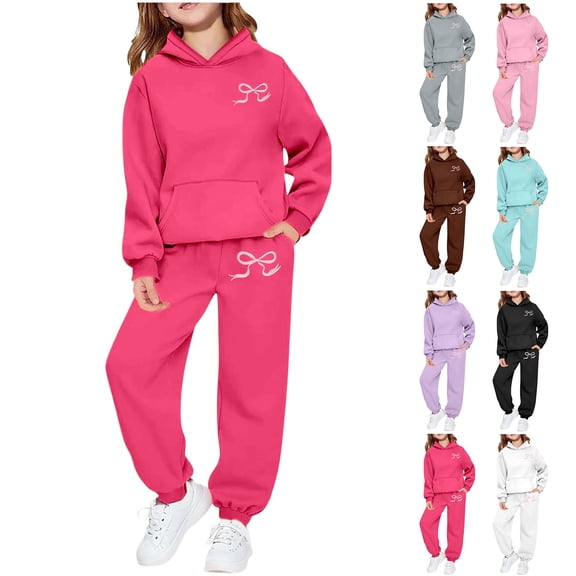 shqvo Big Girls Hoodies and Sweatpants Set Bow Print 2 Piece Outfits with Pockets for Kids Hooded Peppy Sweat suits Back to School Outfits for Girls