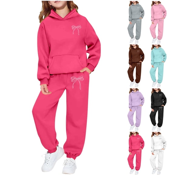 shqvo Big Girls Hoodies and Sweatpants Set Bow Print 2 Piece Outfits with Pockets for Kids Hooded Peppy Sweat suits Fall Outfits for Girls