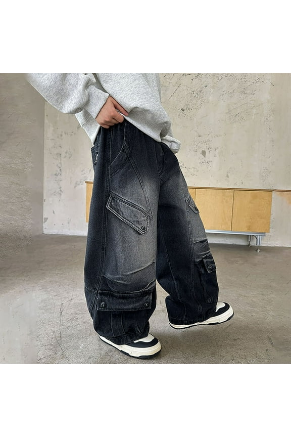 Boys Black Wide Leg Jeans Size 8 High Waisted Straight Leg Casual Demin Pants Boys Loose Fit Classic Fashion Long Trousers Streetwear with Pockets Grey 13-14 Years