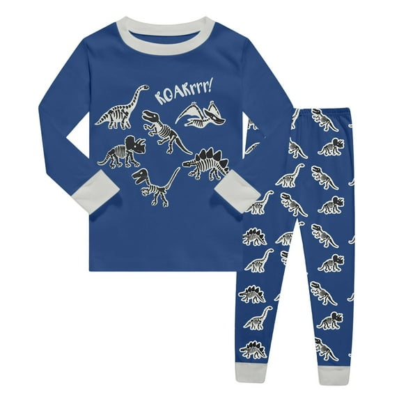 shqvo Boys Dinosaur Print Long Sleeve Pajama Set Snug Fit Sleepwear for Kids Soft Casual Pjs Outfit