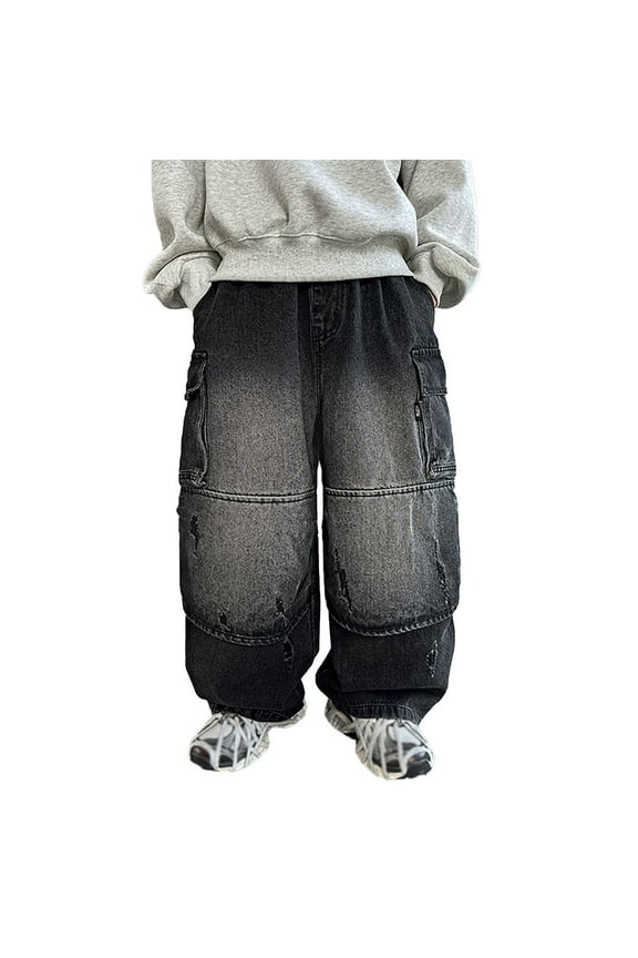 Boys Size 12/14 Wide Leg Jeans High Waisted Straight Leg Wide Leg Jeans Boy Lightweight Soft Comfy Fashion Trousers Streetwear with Pockets Grey 4-5 Years