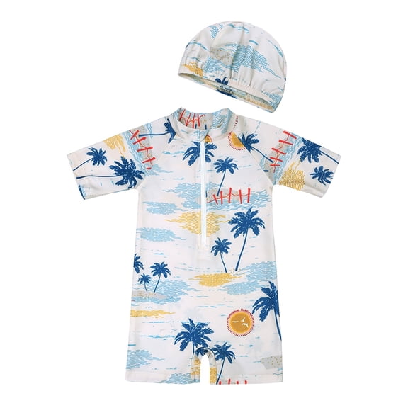 shqvo Boys Swim Set Short Sleeve Quarter Zipper One Piece Swimsuit with Hat Cute Cartoon Printed Zipper Rash Guard Bathing Suit Cute Toddlers Swimwear