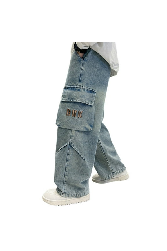 Boys Wide Leg Black Jeans Size 12 High Waisted Elastic Waist Wide Leg Jeans Boy Loose Fit Classic Fashion Trousers Streetwear with Pockets Navy 9-10 Years