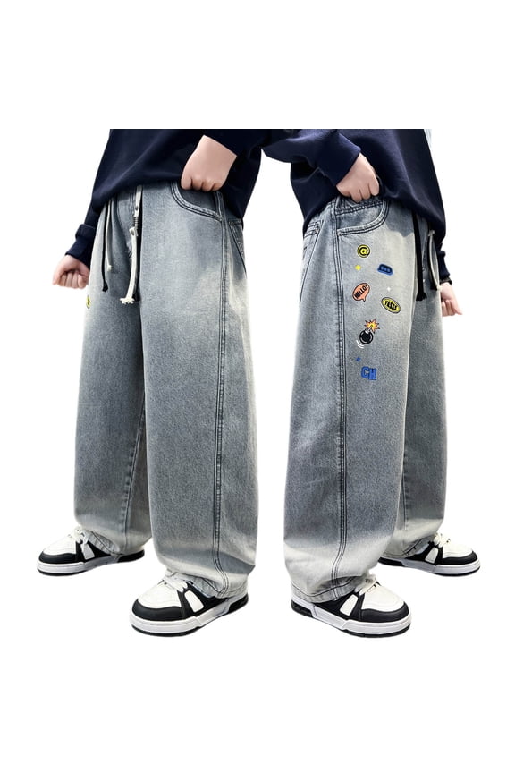 Boys Wide Leg Black Jeans Size 12 High Waisted Straight Leg Wide Leg Jeans Boys Loose Fit Classic Fashion Trousers Streetwear with Pockets Multicolour 15-16 Years