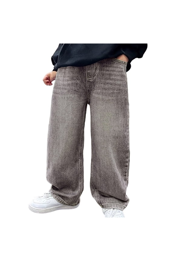 Boys Wide Leg Jeans Size 14-16 High Waisted Straight Leg Wide Leg Denim Pants Boys Loose Casual Baggy Fashion Trousers Streetwear with Pockets Light Gray 8-9 Years