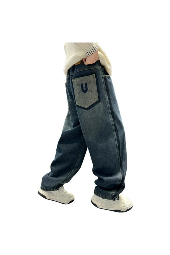 Boys Wide Leg Jeans Size 14-16 High Waisted Straight Leg Wide Leg Denim Pants Boys Loose Fit Classic Fashion Long Trousers Streetwear with Pockets Navy 7-8 Years