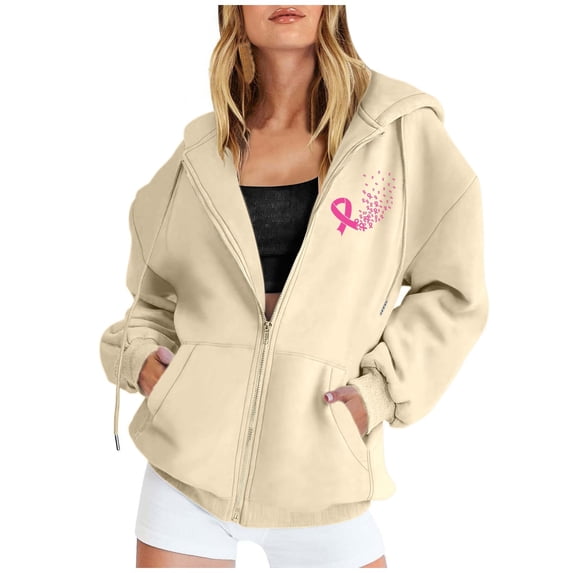 shqvo Cancer Awareness Hoodies for Women Zip Up Hoodie Women Oversized Christian Sweatshirts Lightweight Long Sleeve Jacket with Pockets Preppy Clothes Beige