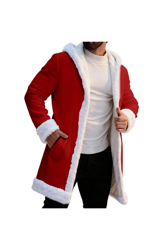 Christmas Cardigan Santa Jacket Coat for Men Hoodies Claus Adult Suit Outfit Party Sherpa Lined Long