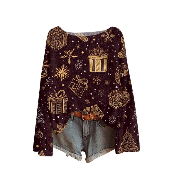shqvo Christmas Sweaters for Women Hollow Knitted Graphic Sweaters Boat Neck Imitation Sweater Pullovers Long Sleeve Boho Tops Xmas Holiday Clothes