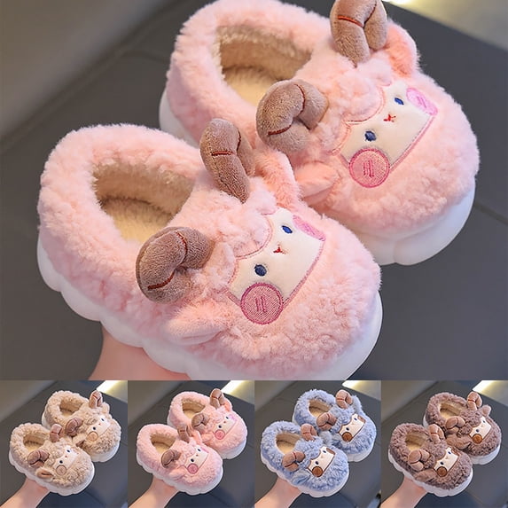 shqvo Cute Plush Llama Sheep Slippers Toddler Boys Girls Warm Animal House Slippers Boots Kids Fuzzy Winter Indoor Bedroom Household Home Shoes
