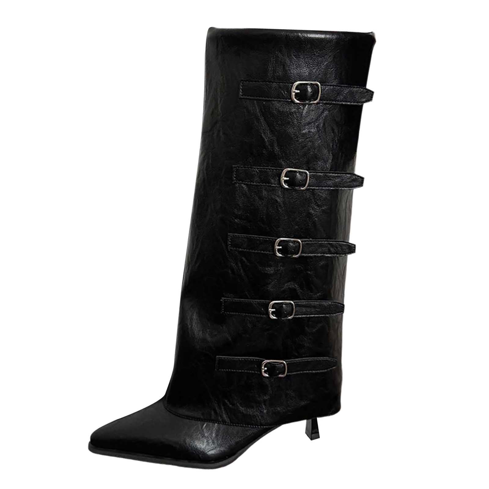 shqvo Fold Over Boots for Women Pointy Pull-on Wedge Heel Knee Shark ...